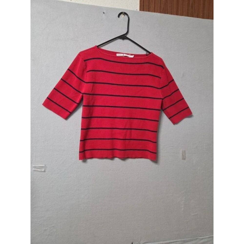 Tommy Hilfiger Red & Navy Blue Striped Boat Neck Knit Top Shirt large sz.